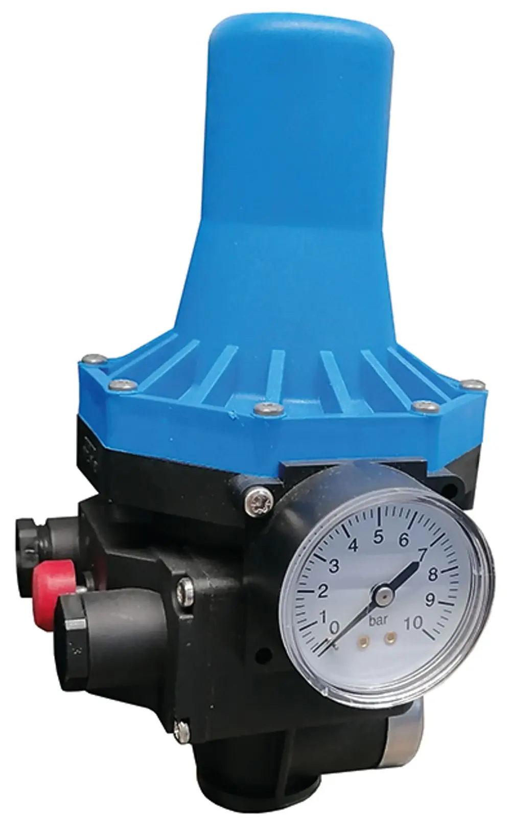 Druckwächter von Syr mit einem blauen Kunststoffgehäuse und Manometer, das den Druck in bar anzeigt. Anschlussöffnungen für die Druckregulierung sind sichtbar.